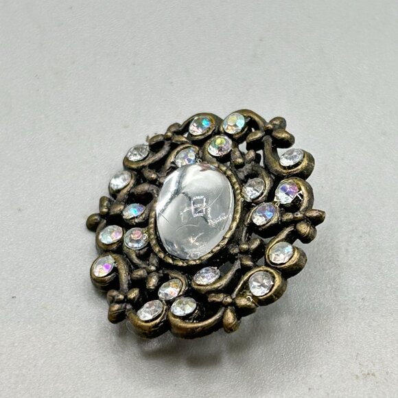 Pretty Rhinestones Pin Brooch Moonglow Acrylic Cabochon Antique Style Jewelry - Picture 3 of 6